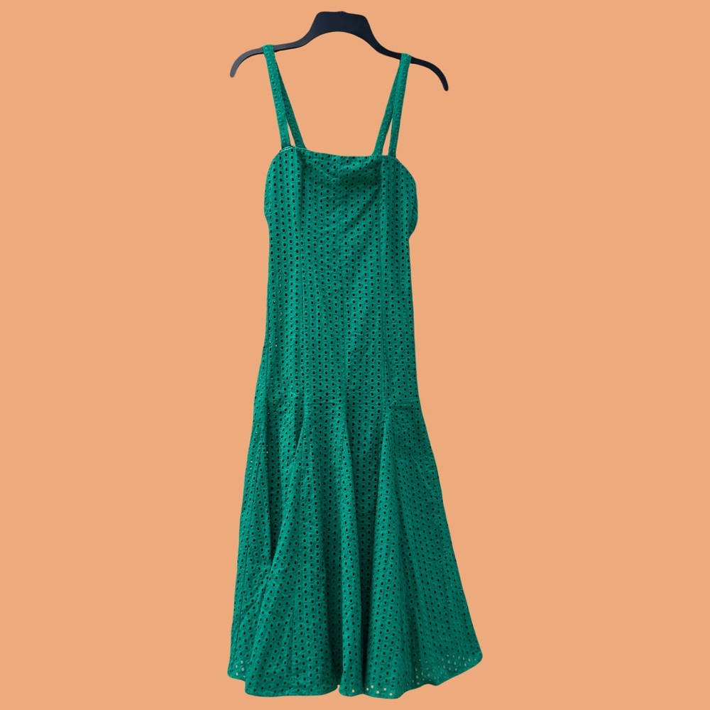Anthropologie Maeve Cotton Eyelet Plated Midi Dress Trendy Green